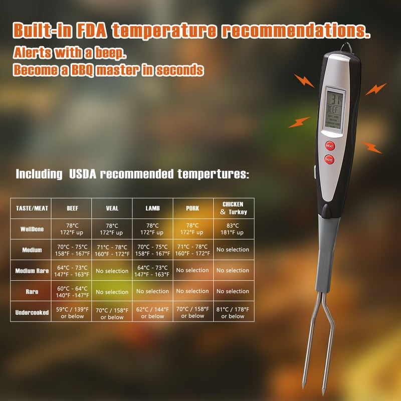 lfcforldx Meat Thermometer Fork with Electronic Ready Alarm, Digital Cooking Thermometer with Instant Read, LCD Display and Led Light, Grill Thermometers for BBQ Grilling Gadgets Steak Pork, Black - Image 4